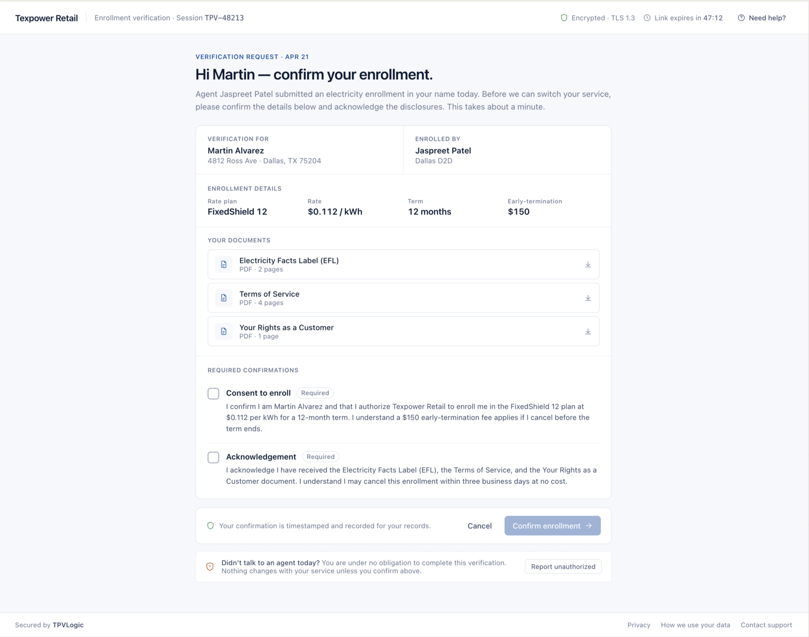 Customer-facing digital enrollment verification page showing matched disclosures, documents, and required confirmations