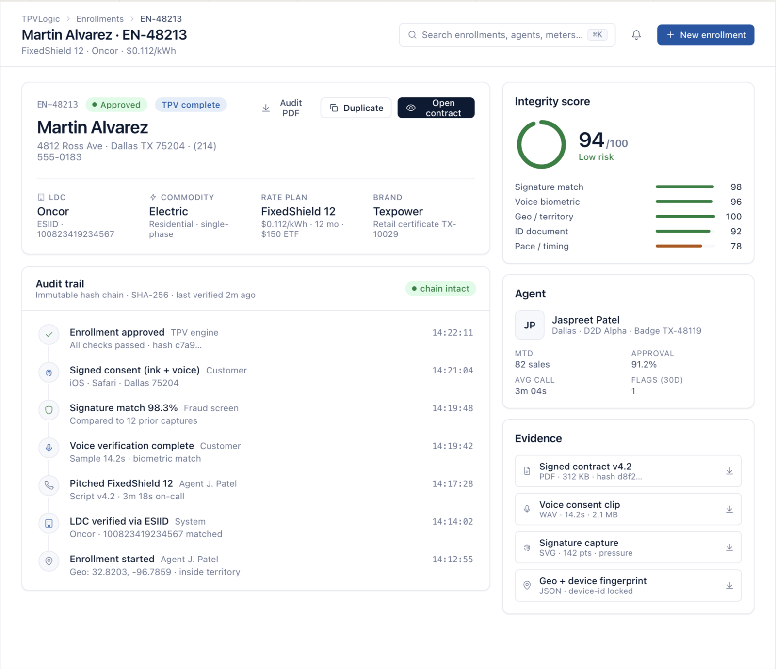TPVLogic enrollment detail view showing integrity score, audit trail, agent record, and attached evidence bundle
