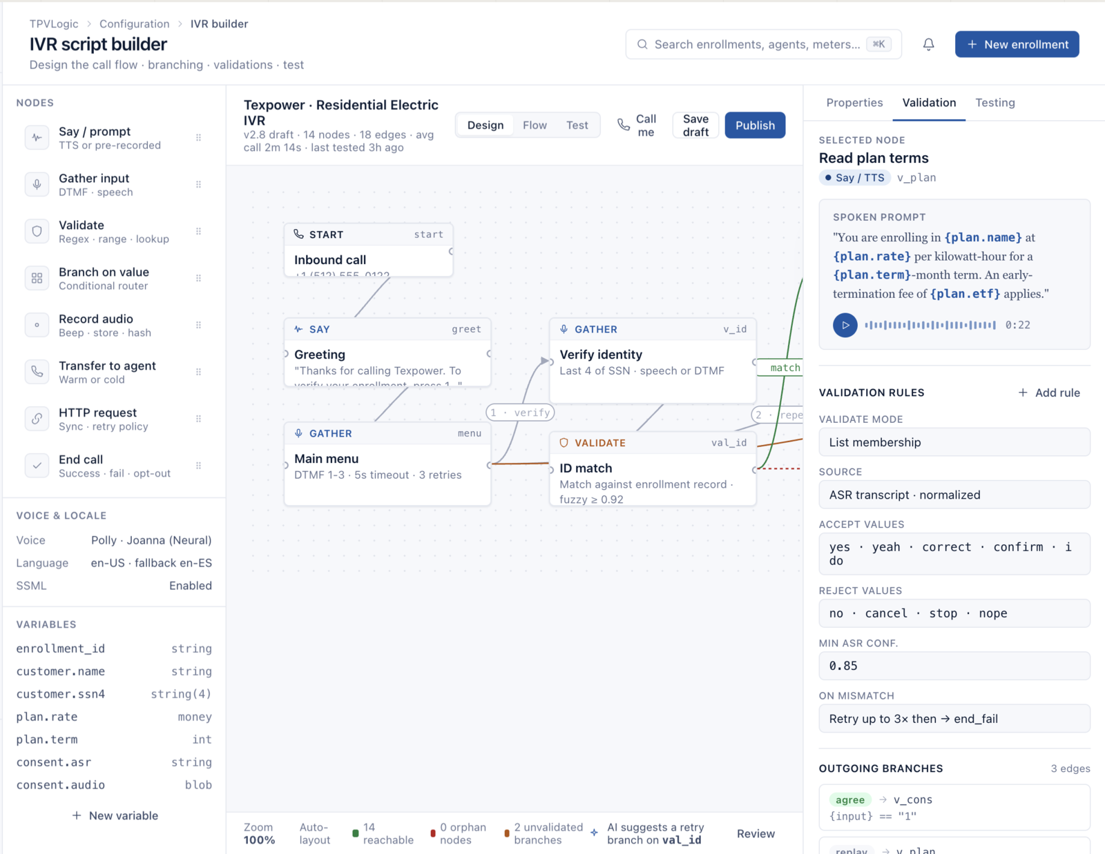 TPVLogic IVR script builder showing the call flow graph, node palette, validation rules, and outgoing branches